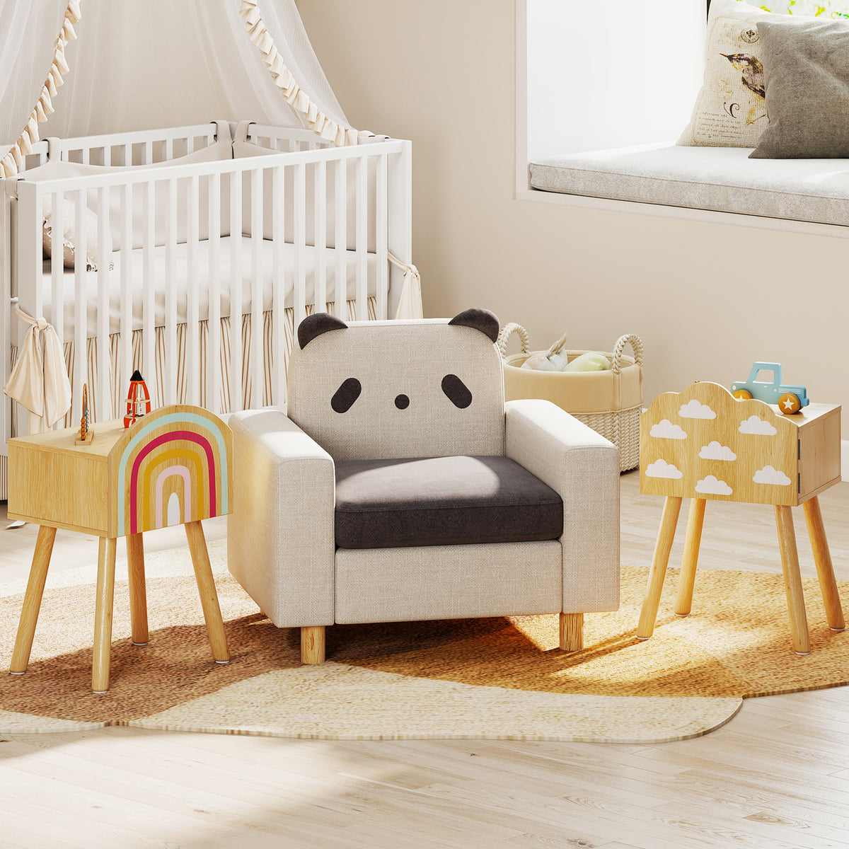 Kids Nightstand Set of 2 with Rainbow and Cloud Patterns-Natural