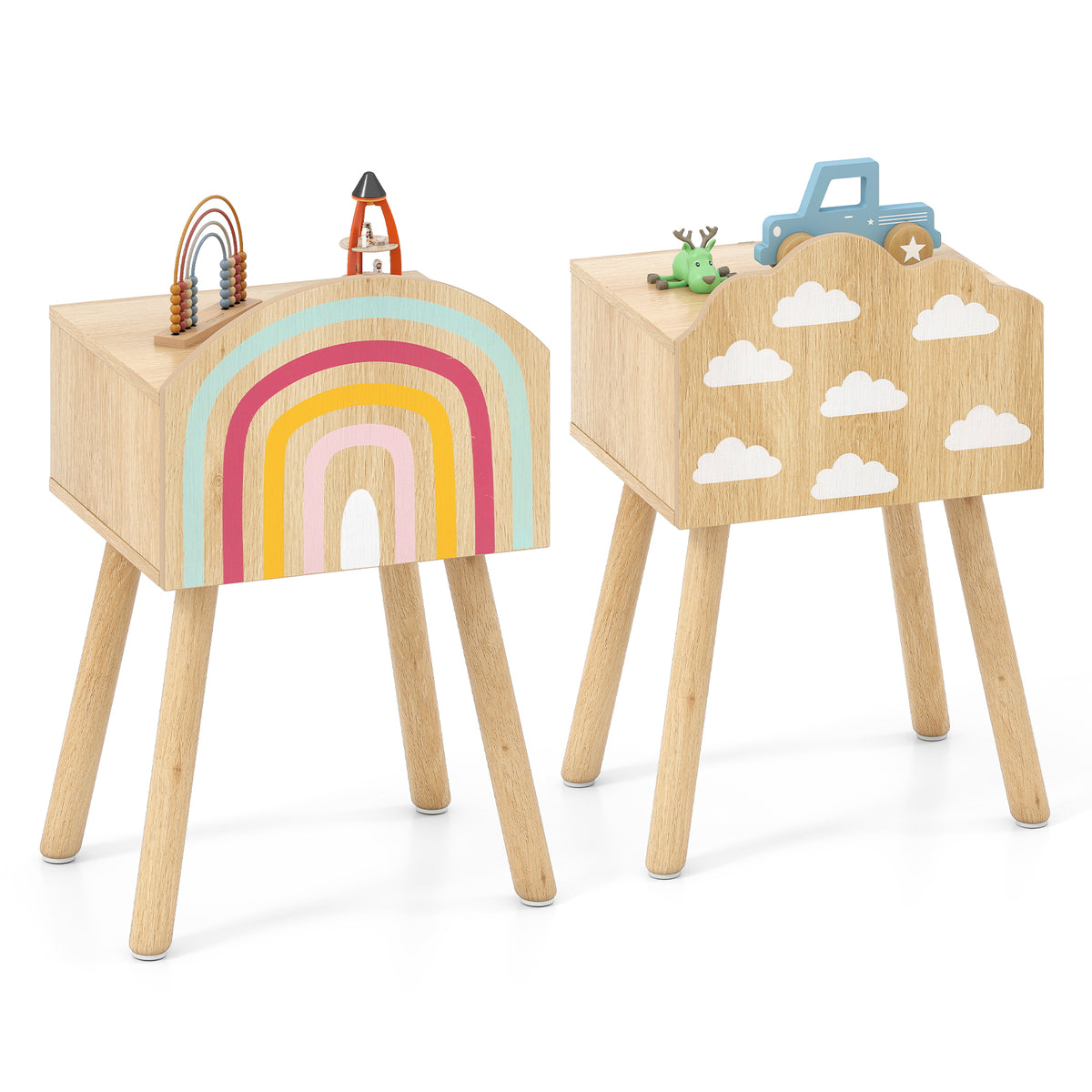 Kids Nightstand Set of 2 with Rainbow and Cloud Patterns-Natural