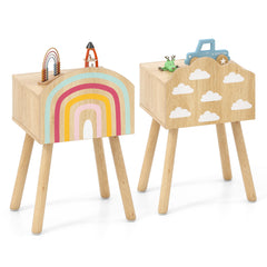 Kids Nightstand Set of 2 with Rainbow and Cloud Patterns-Natural