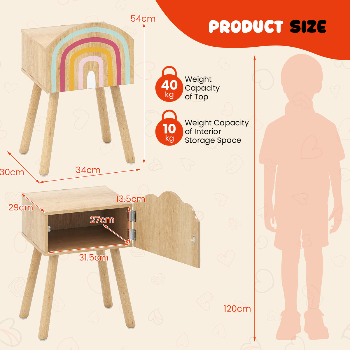 Kids Nightstand Set of 2 with Rainbow and Cloud Patterns-Natural