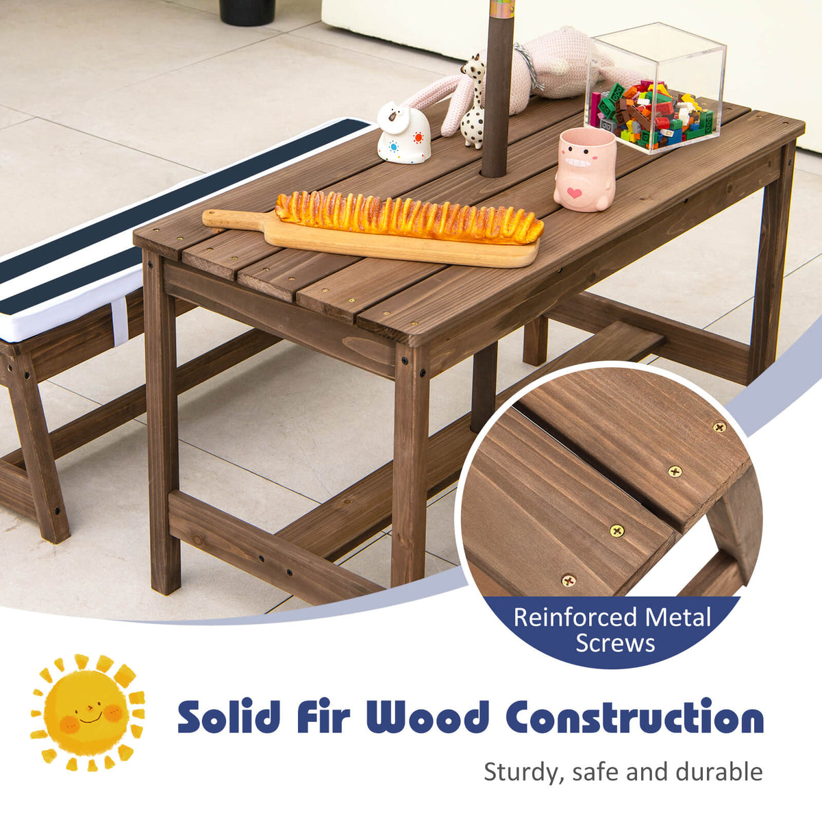 Kids Picnic Table with Cushions and Umbrella-Blue