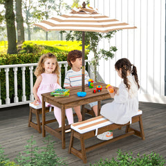 Kids Picnic Table with Cushions and Umbrella-Brown