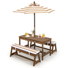 Kids Picnic Table with Cushions and Umbrella-Brown
