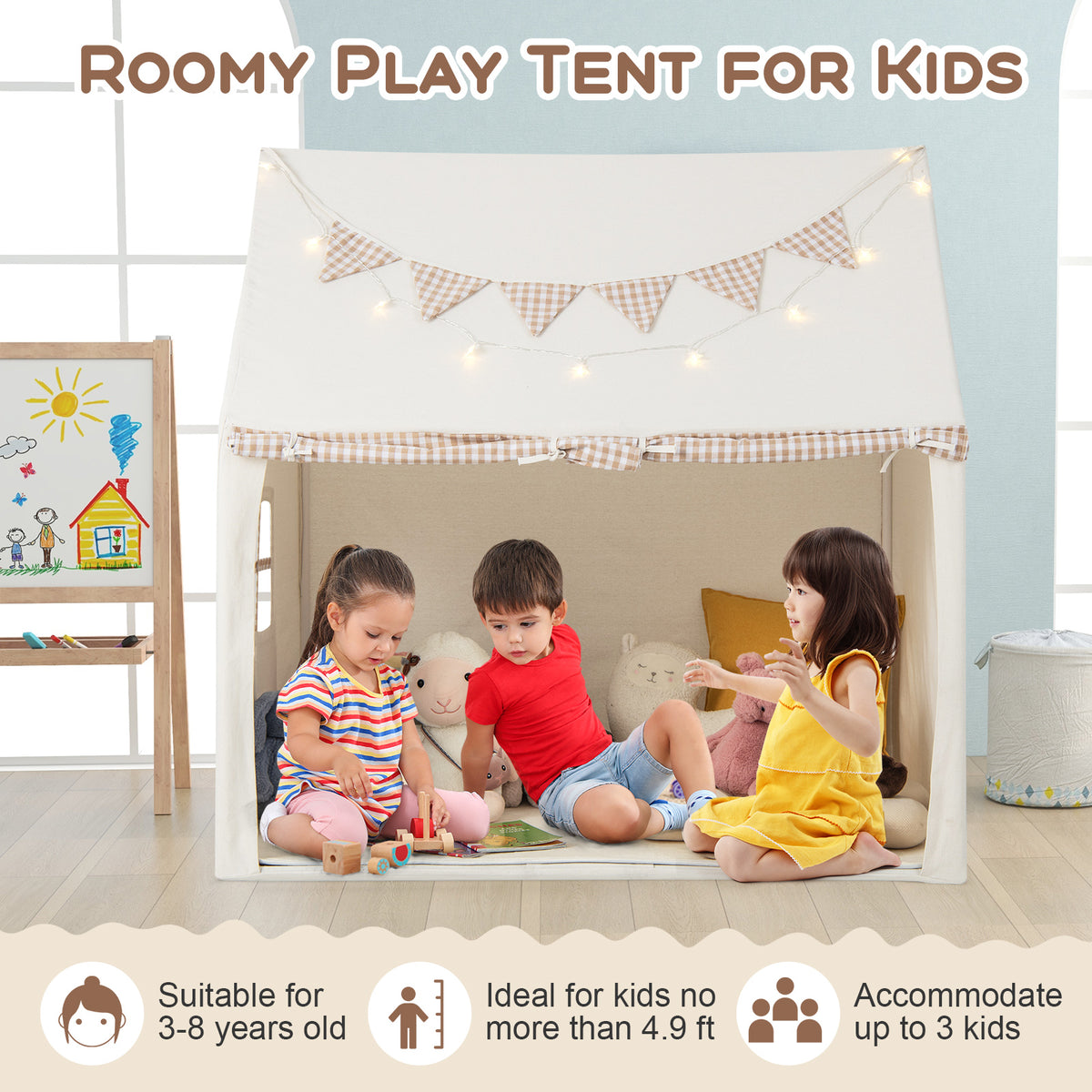 Kids Play Tent with Padded Mat for Children Aged 3-8 Years Old-Beige
