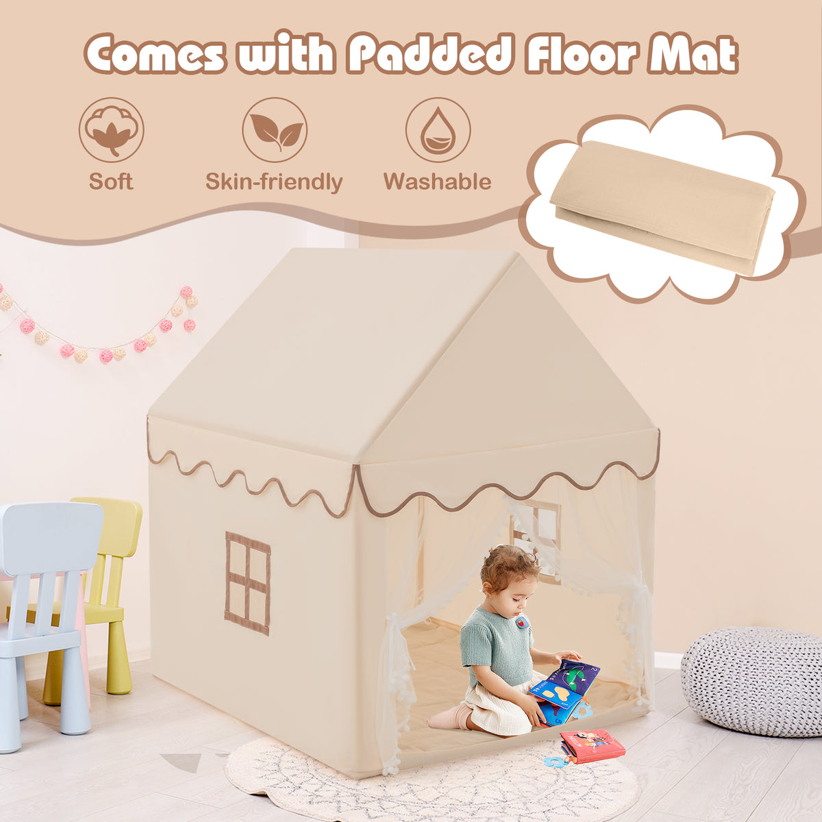 Kids Play Tent with Padded Mat Indoor Playhouse-Beige