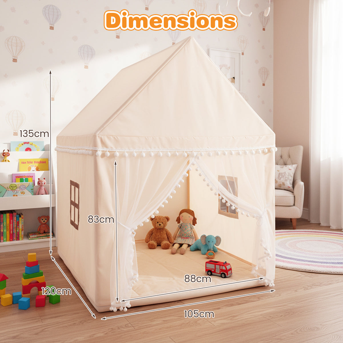 Kids Play Tent with Soft Sponge Padded Mat and Solid Wood Frame-Beige