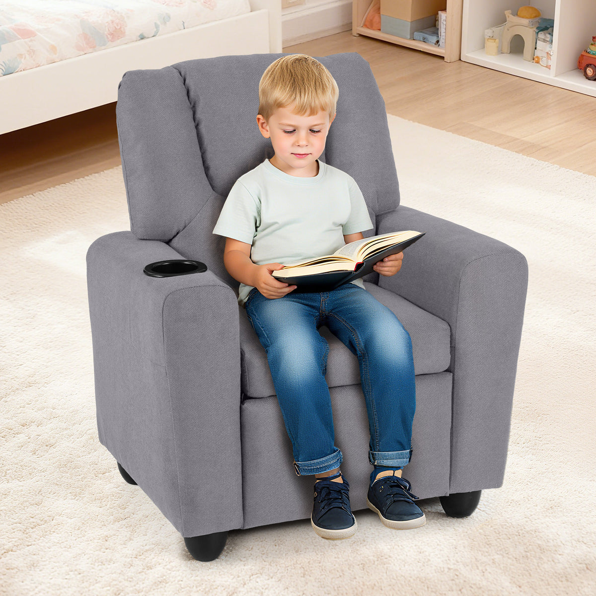 Kids Recliner with Cup Holder PU Leather Kids Reclining Chair-Grey