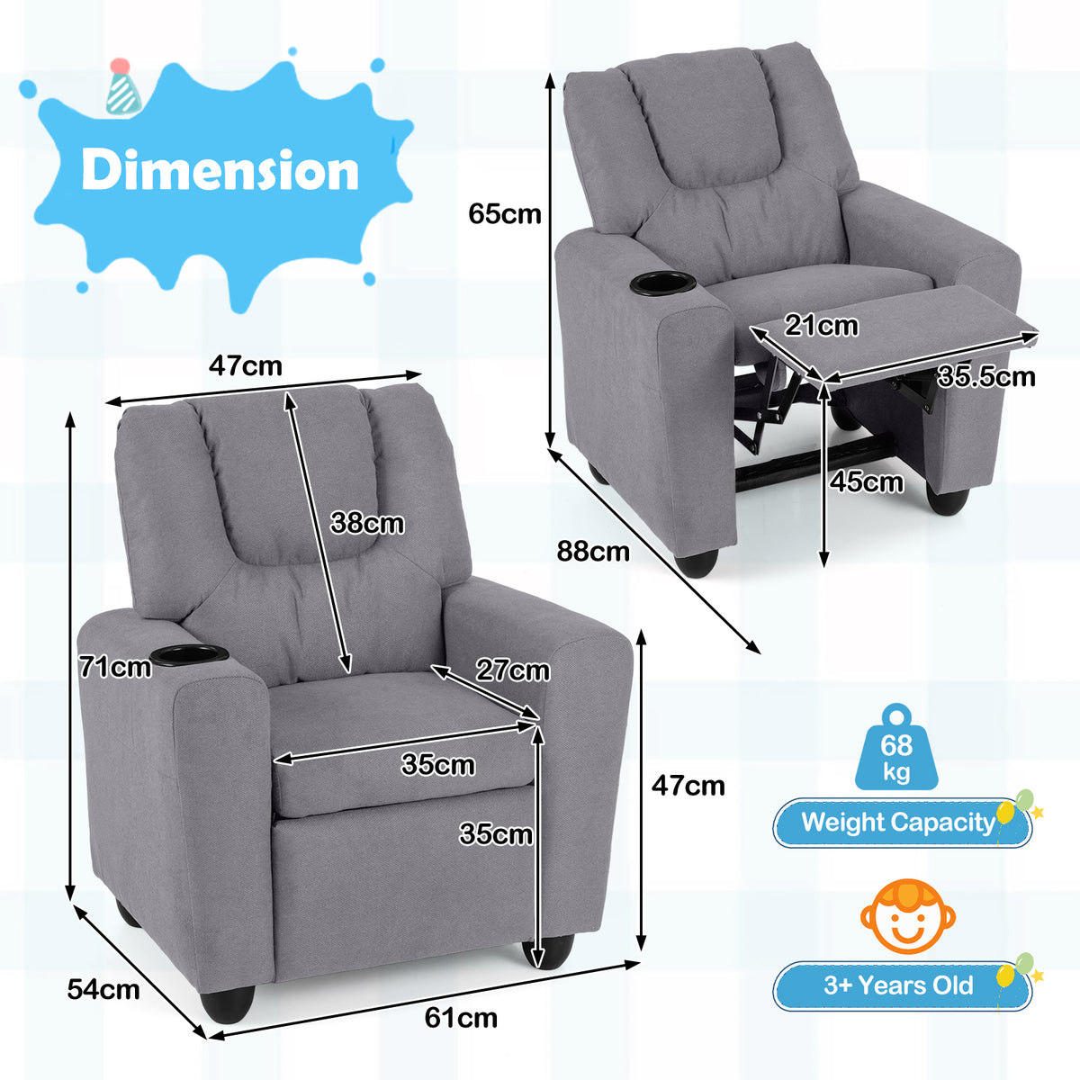 Kids Recliner with Cup Holder PU Leather Kids Reclining Chair-Grey