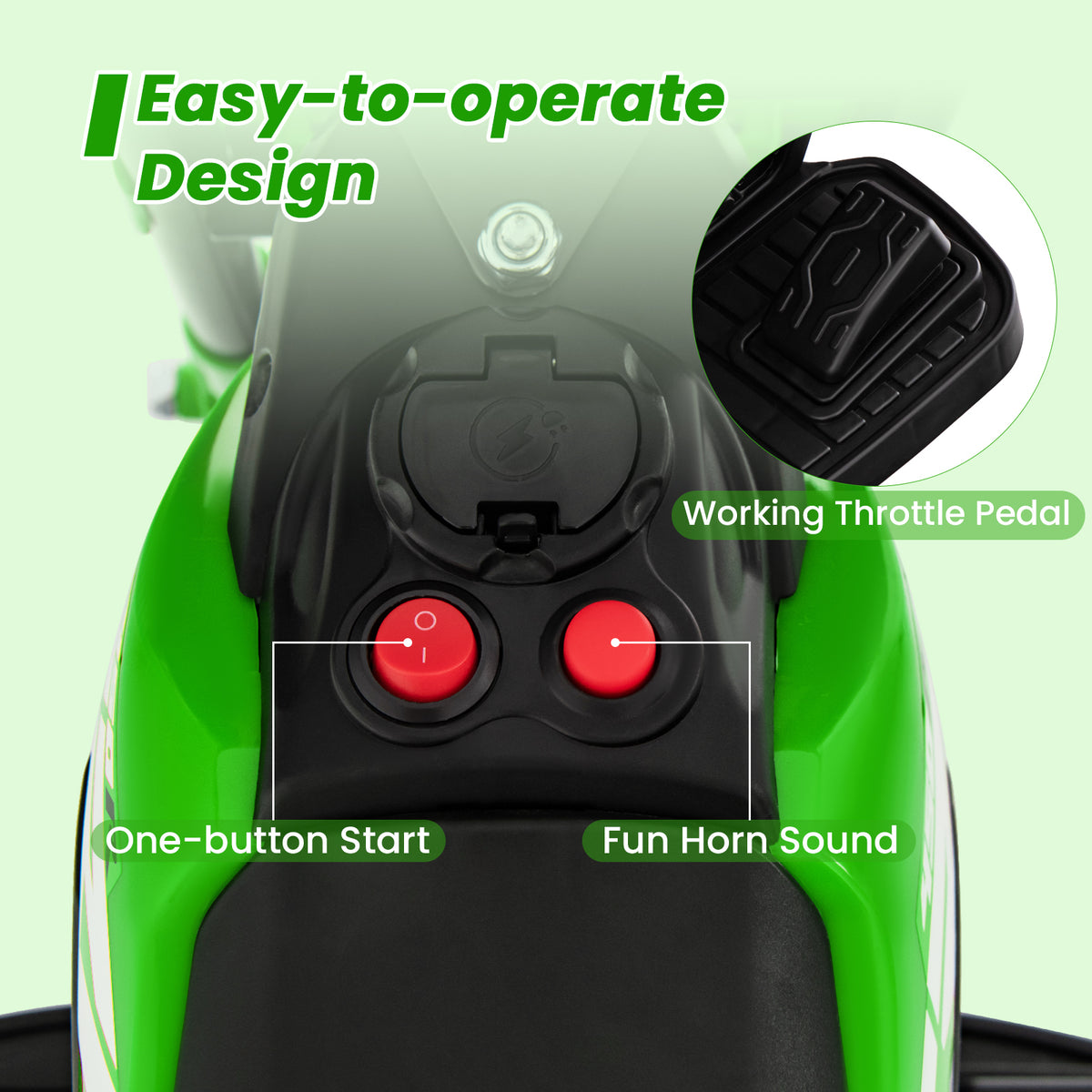 Honda Licensed Kids Ride On Motorbike with Horn Anti-slip Handlebars-Green