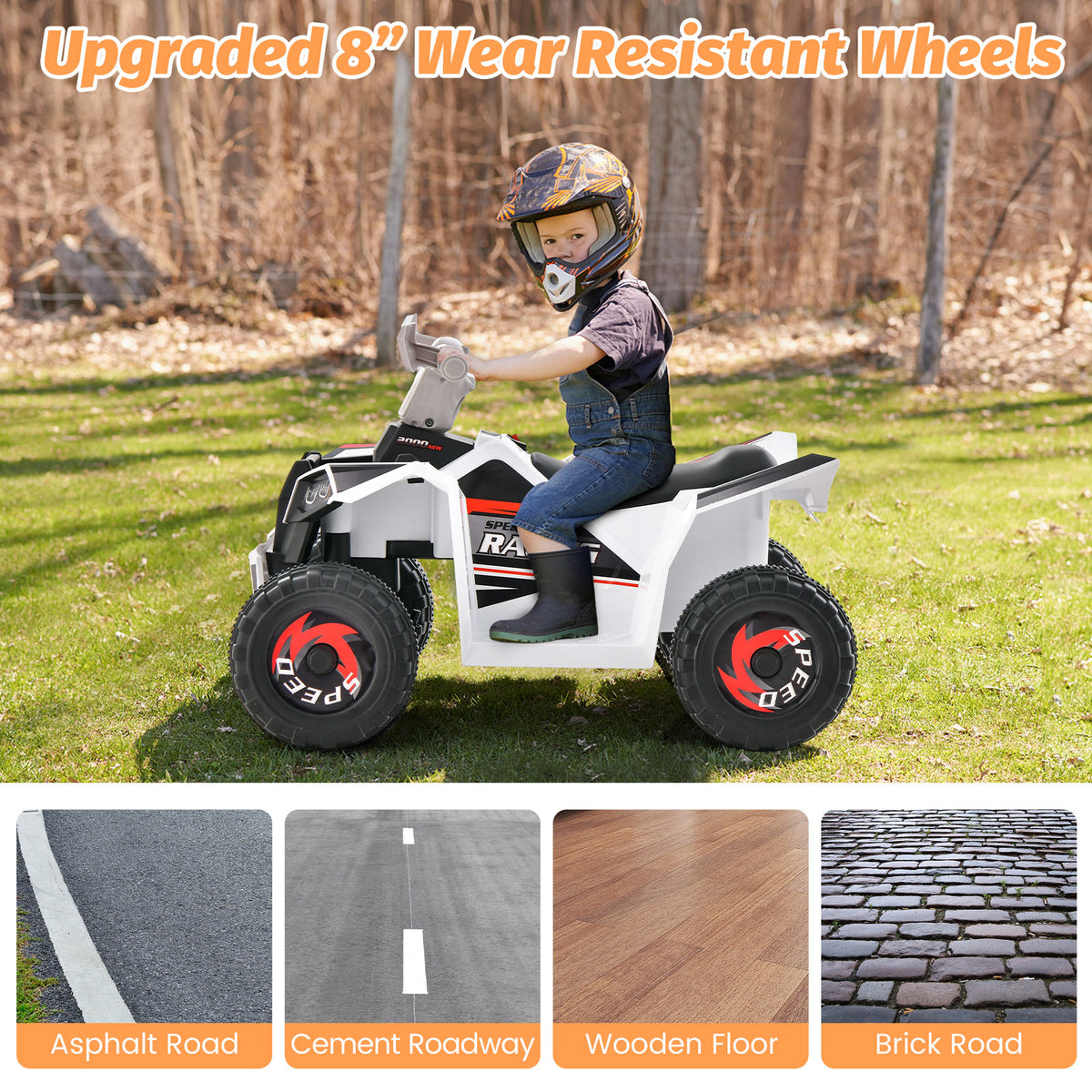 Kids Ride on ATV with Direction Control Large Seat-White