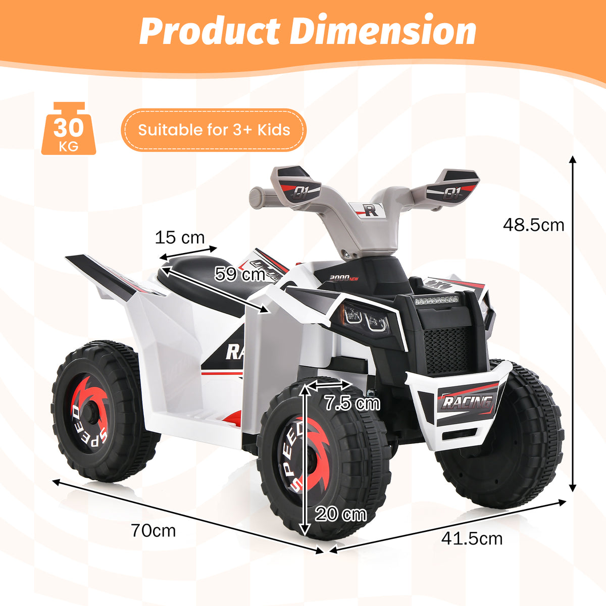 Kids Ride on ATV with Direction Control Large Seat-White