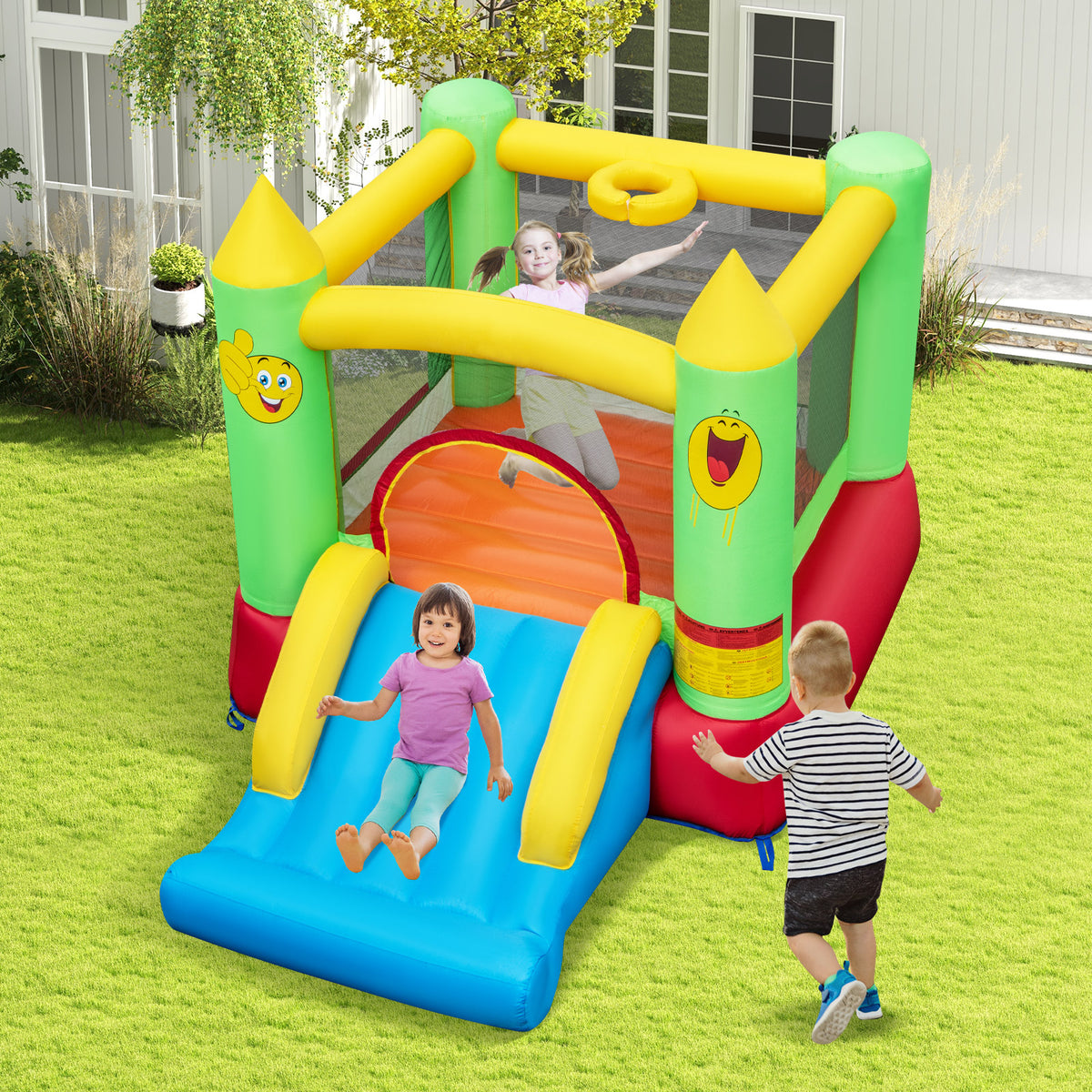Kids Smiley Face Theme Inflatable Bounce House with Slide and Basketball Hoop (without Blower)