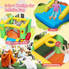Kids Smiley Face Theme Inflatable Bounce House with Slide and Basketball Hoop (without Blower)