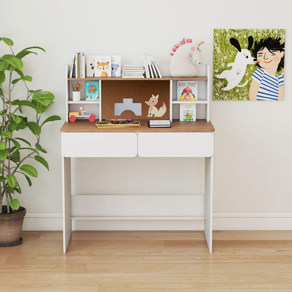 Kids Study Desk Student Writing Table with Cork Bulletin Board-White