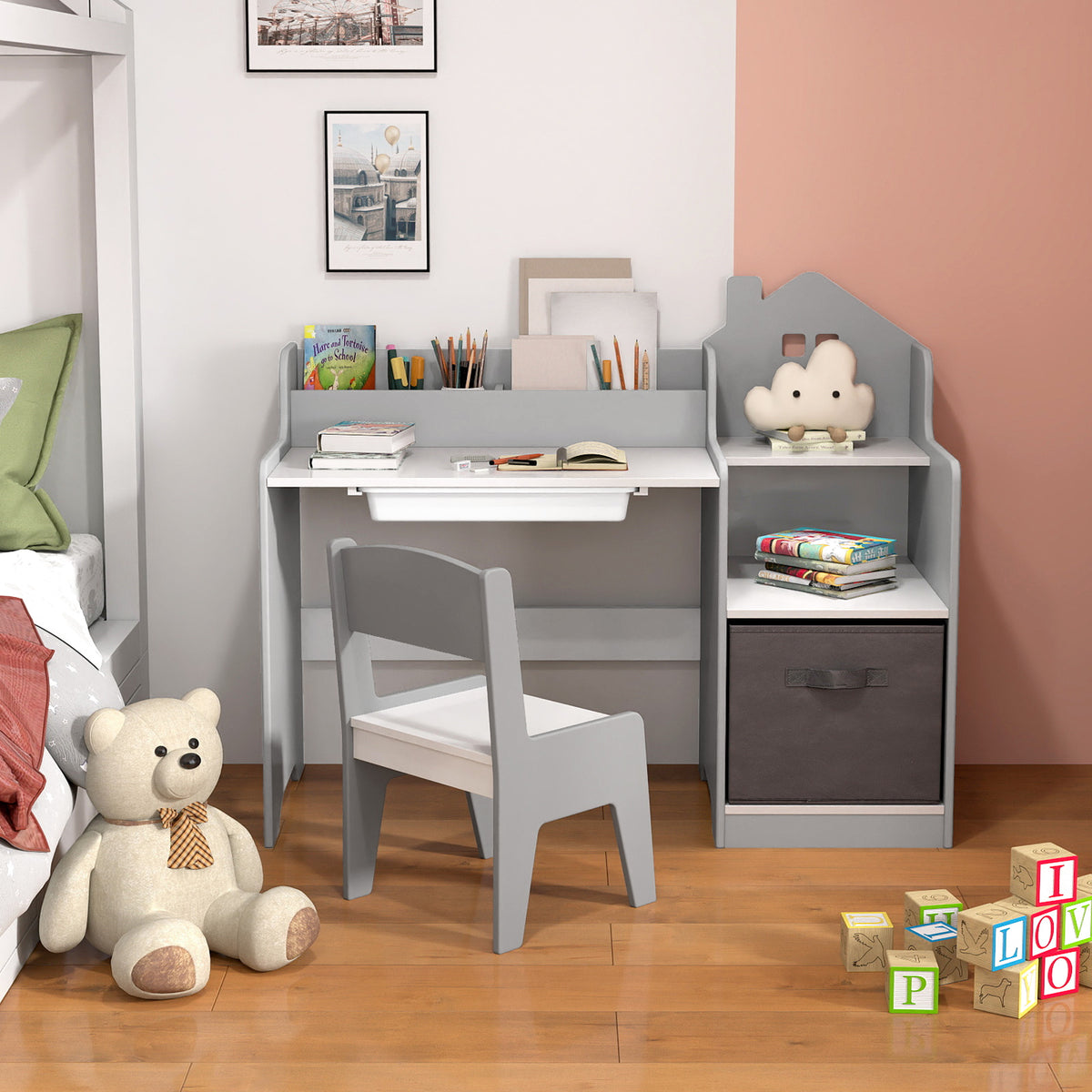 Kids Study Desk and Chair Set Children Study Table with Open Shelves-Grey