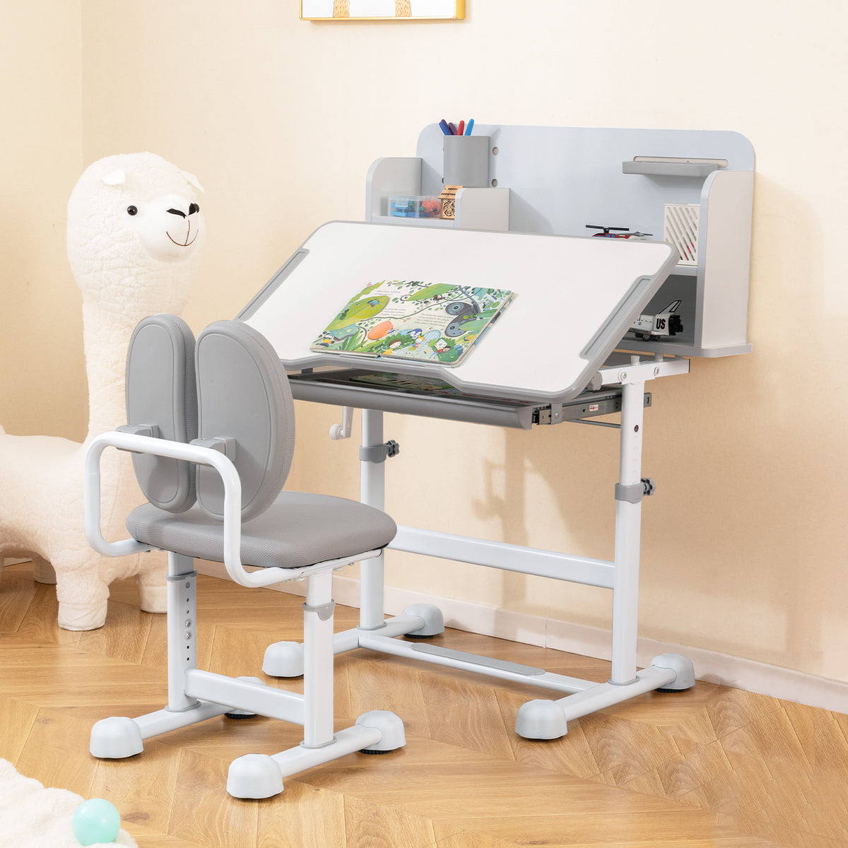Kid's Study Desk and Chair Set with Tilt Desktop and Footrest Bar-Grey