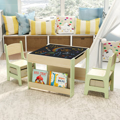 4 in 1 Kids Table and Chairs Set with Reversible Tabletop and Bookshelves-Green