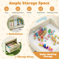 4 in 1 Kids Table and Chairs Set with Reversible Tabletop and Bookshelves-Green