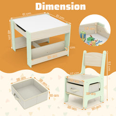 4 in 1 Kids Table and Chairs Set with Reversible Tabletop and Bookshelves-Green