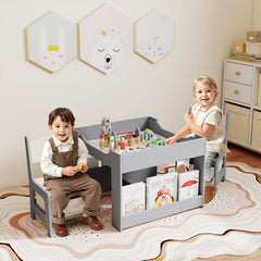 4 in 1 Kids Table and Chairs Set with Reversible Tabletop and Bookshelves-Dark Grey