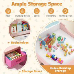 4 in 1 Kids Table and Chairs Set with Reversible Tabletop and Bookshelves-Pink
