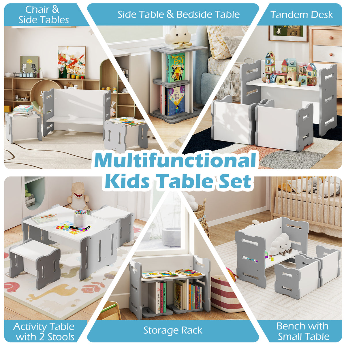 Kids Table and Chair Set 3-Piese Toddler Set with 2 Stools and Activity Table-Grey