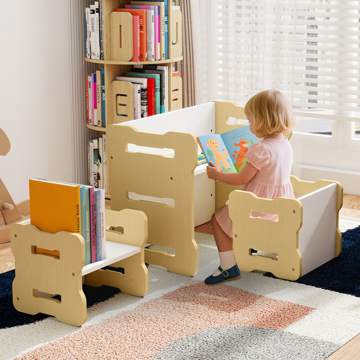 Kids Table and Chair Set 3-Piese Toddler Set with 2 Stools and Activity Table-Natural