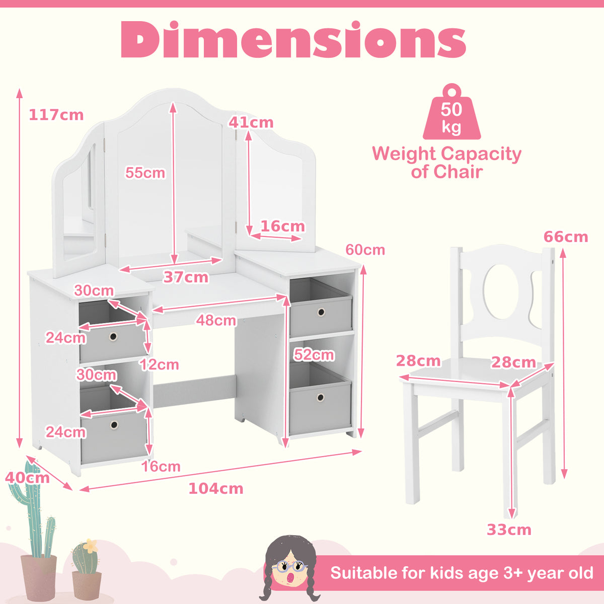 Kids Vanity Desk and Chair 2 in 1 Toddler Makeup Pretend Play Table-Gray & White