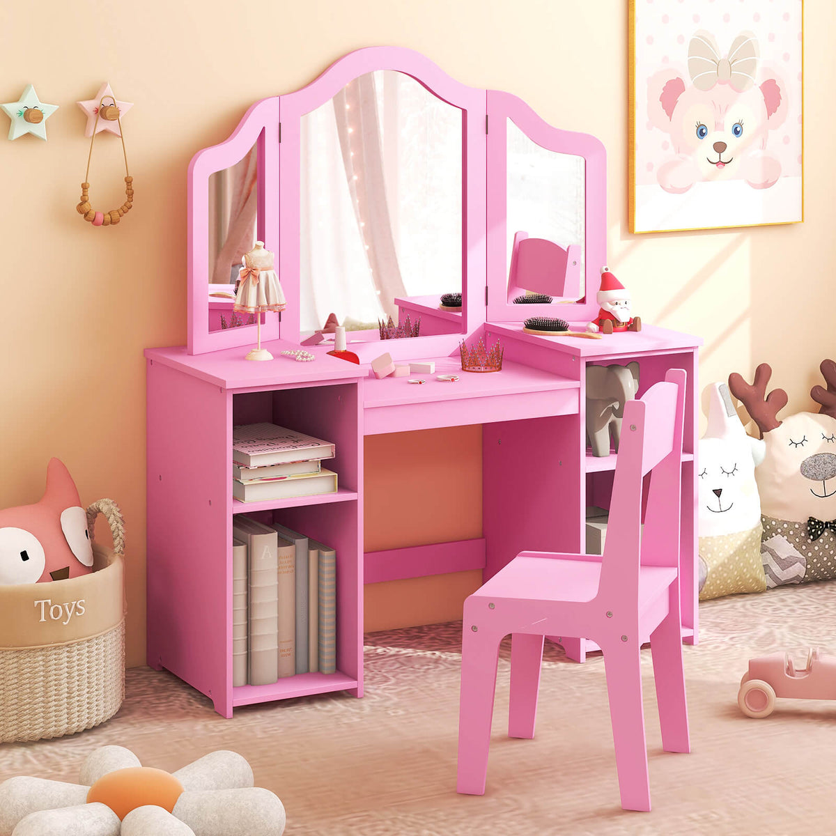 Kids Vanity Set with Tri-Folding Detachable Mirror-Pink