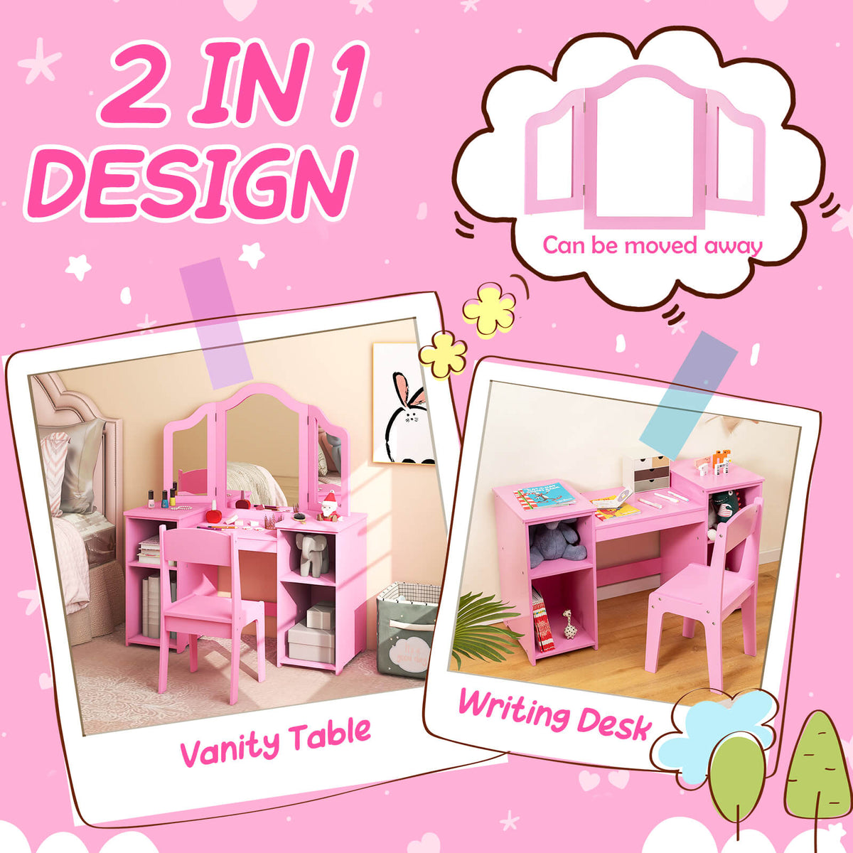 Kids Vanity Set with Tri-Folding Detachable Mirror-Pink