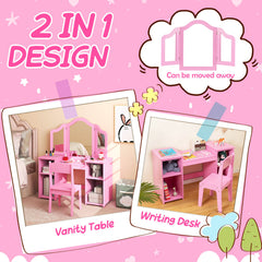 Kids Vanity Set with Tri-Folding Detachable Mirror-Pink