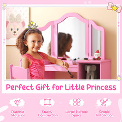 Kids Vanity Set with Tri-Folding Detachable Mirror-Pink