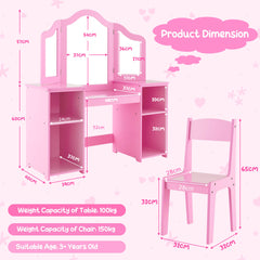 Kids Vanity Set with Tri-Folding Detachable Mirror-Pink