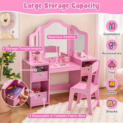 Kids Vanity Table and Chair Set with 3 Removable Mirrors and 4 Storage Bins for Children-Pink