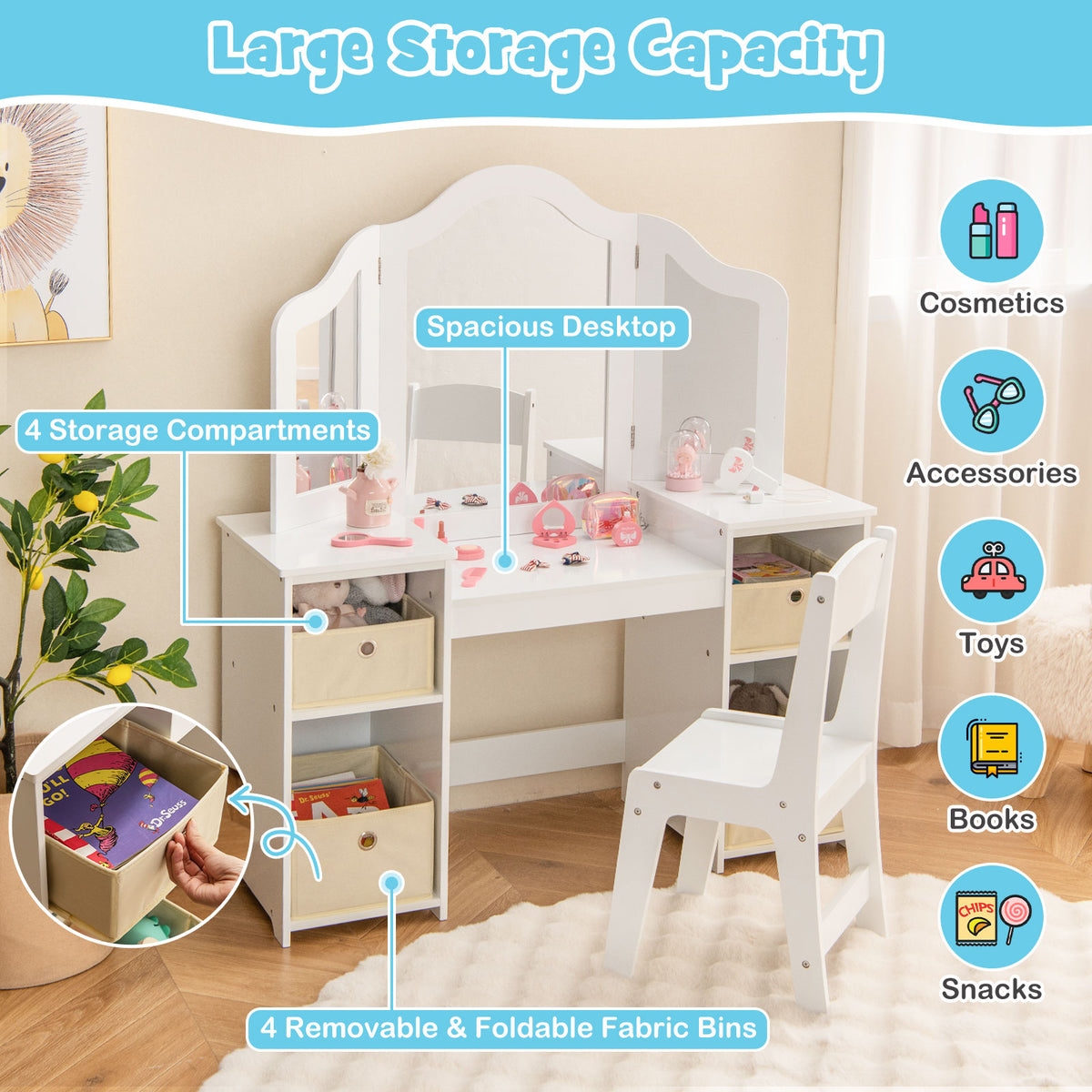 Kids Vanity Table and Chair Set with 3 Removable Mirrors and 4 Storage Bins for Children-White