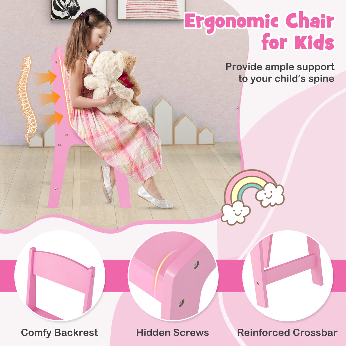 Kids Vanity Table and Chair Set with 3 Removable Mirrors and 4 Storage Bins for Children-Pink