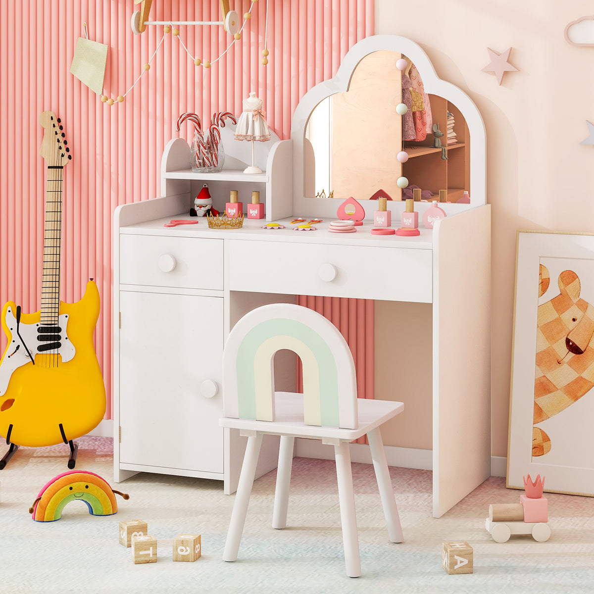 Kids Vanity Table and Chair Set with Cloud-shaped Mirror and Shelf Drawers-White