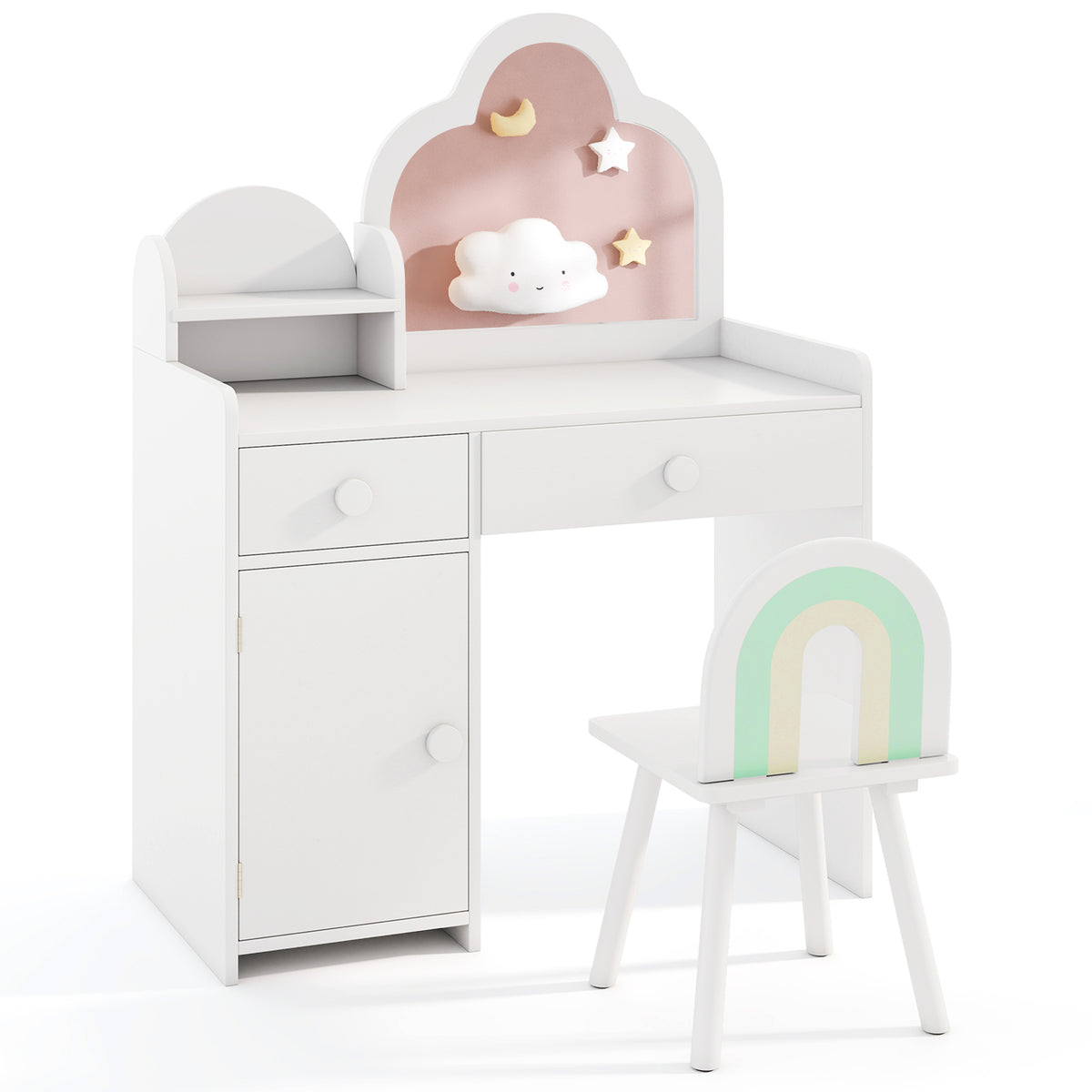 Kids Vanity Table and Chair Set with Cloud-shaped Mirror and Shelf Drawers-White