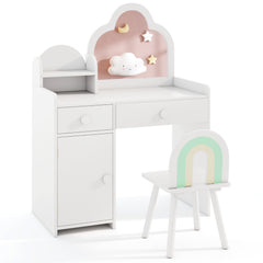 Kids Vanity Table and Chair Set with Cloud-shaped Mirror and Shelf Drawers-White