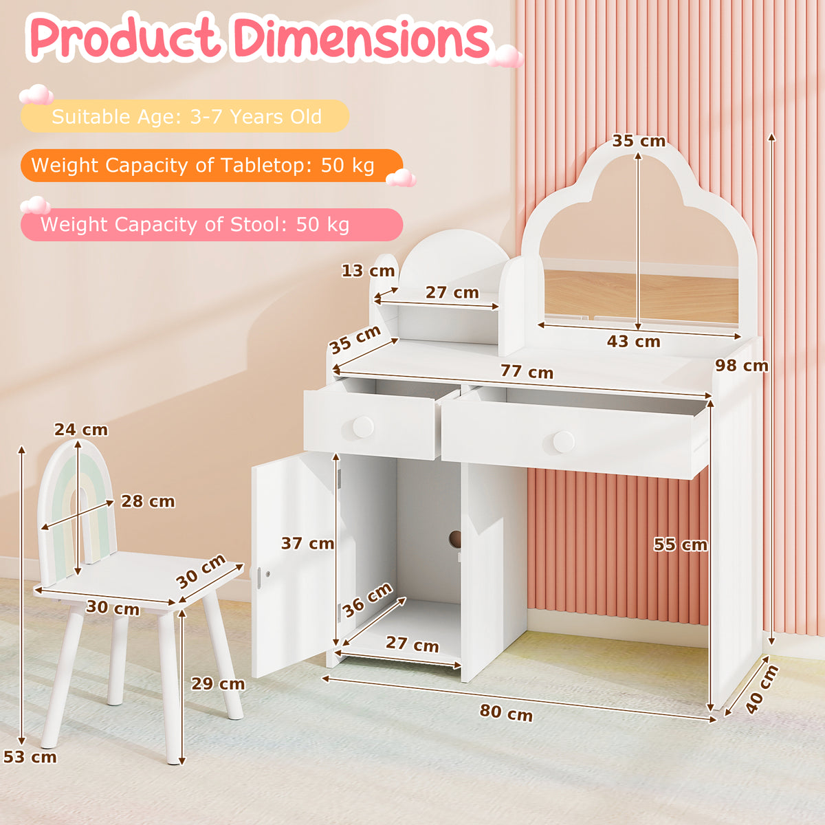 Kids Vanity Table and Chair Set with Cloud-shaped Mirror and Shelf Drawers-White