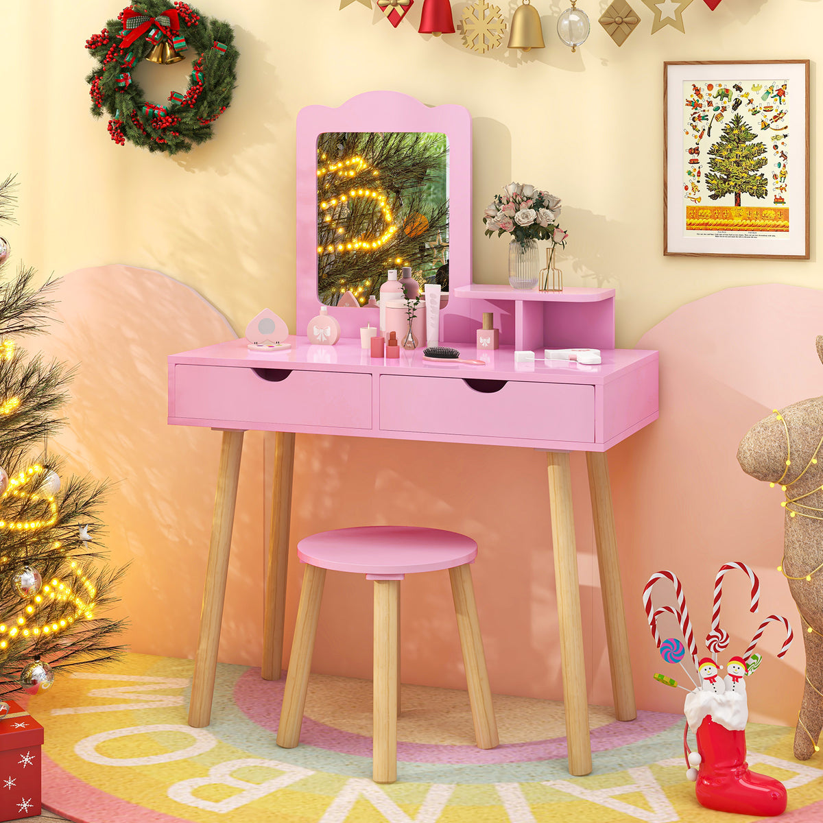 Kids Vanity Table and Stool Set with Square Mirror and Storage Shelf-Light Pink