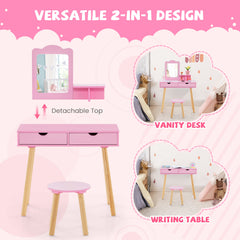 Kids Vanity Table and Stool Set with Square Mirror and Storage Shelf-Light Pink