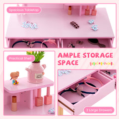Kids Vanity Table and Stool Set with Square Mirror and Storage Shelf-Light Pink