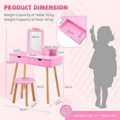 Kids Vanity Table and Stool Set with Square Mirror and Storage Shelf-Light Pink