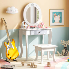 Kids Vanity Table and Stool with Mirror and 3 Shelves-White