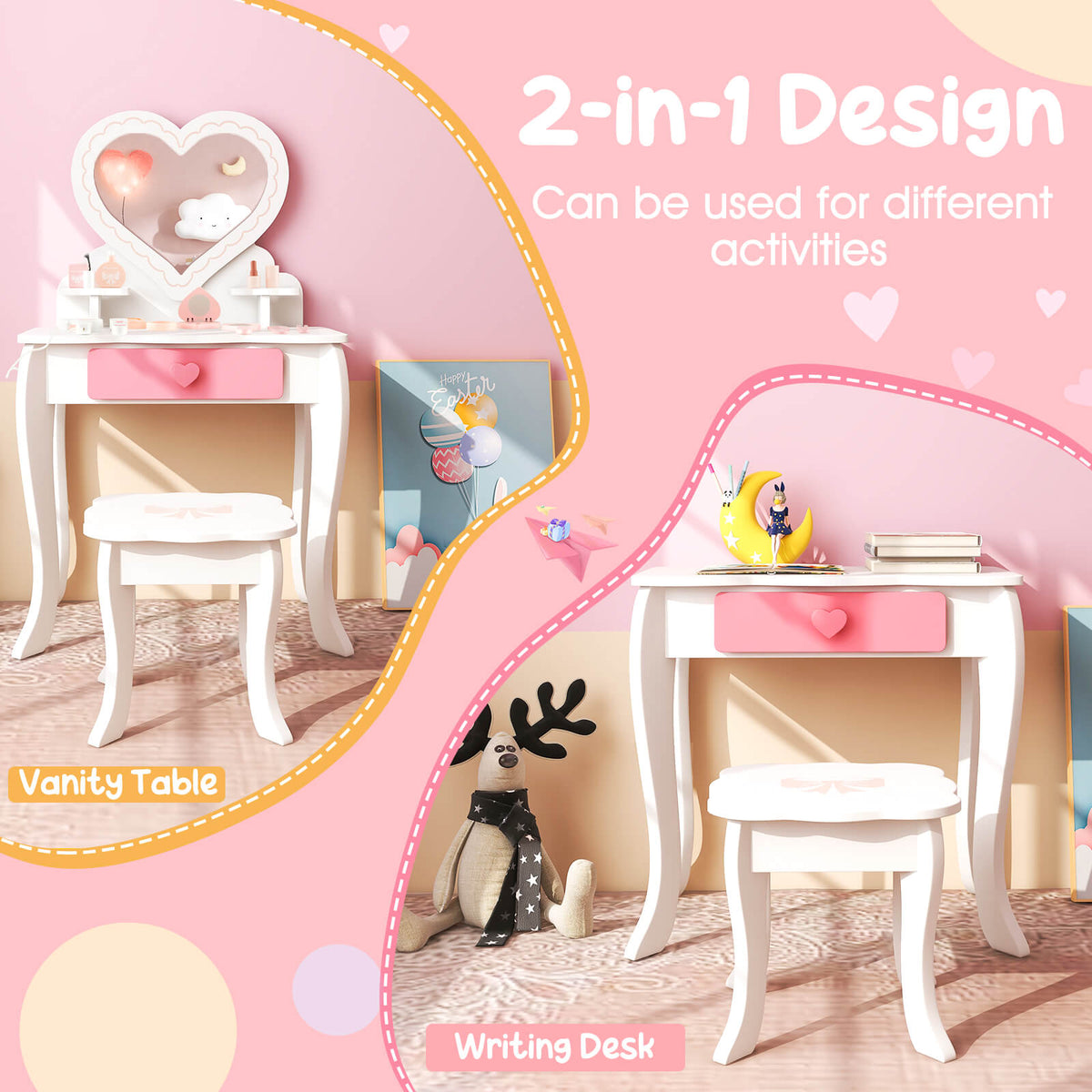 Kids Vanity Table and Stool with Removable Mirror and Drawer-White