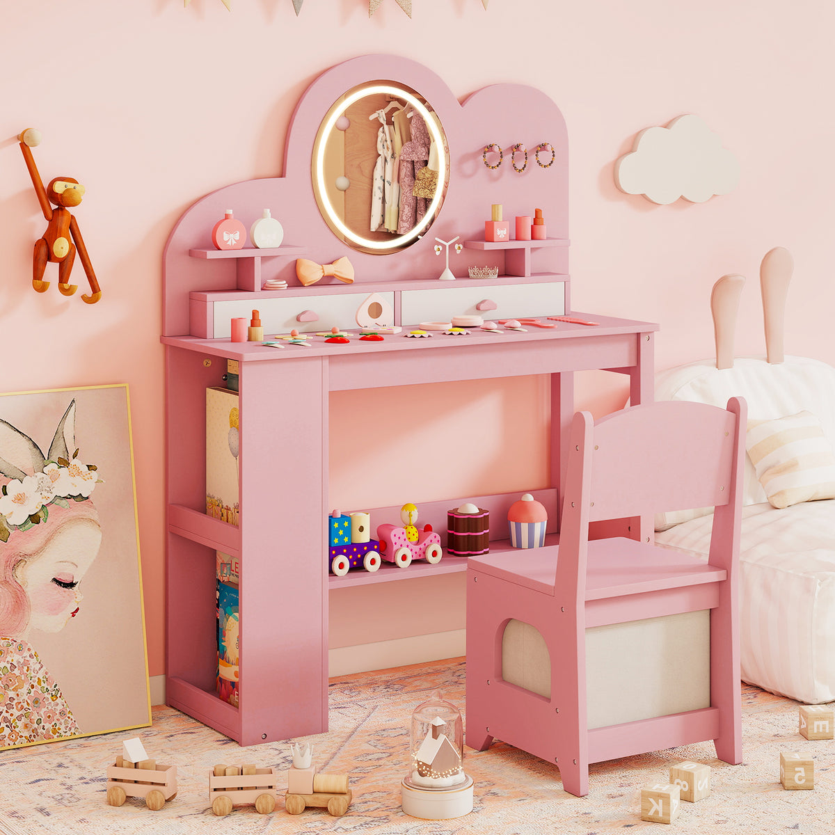 Kids Vanity with Lights Princess Vanity Table and Chair Set with 2 Drawers-Pink