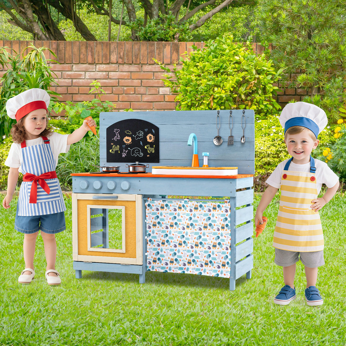 Kids Wooden Play Kitchen Set with Stoves Sink Faucet for Boys Girls Aged 3-8 -Blue