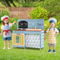 Kids Wooden Play Kitchen Set with Stoves Sink Faucet for Boys Girls Aged 3-8 -Blue
