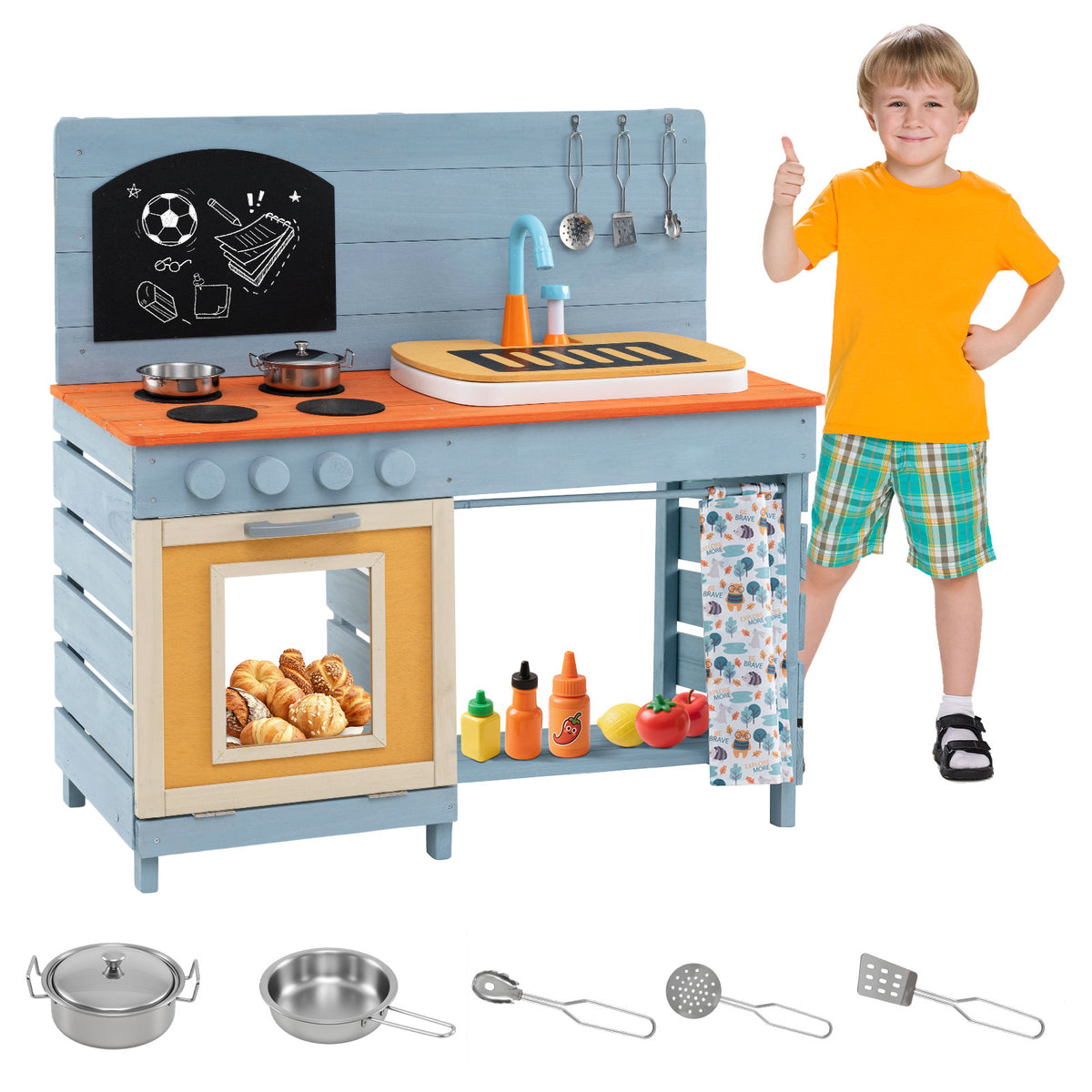 Kids Wooden Play Kitchen Set with Stoves Sink Faucet for Boys Girls Aged 3-8 -Blue